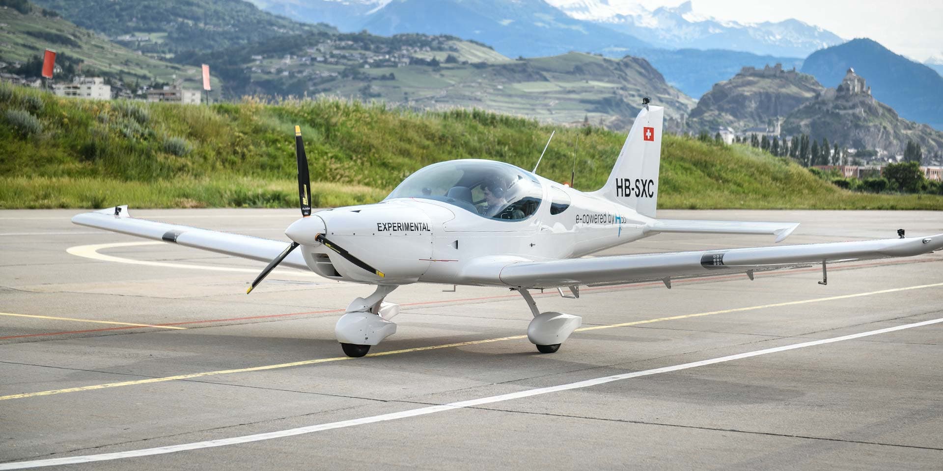Bristell Energic electric aircraft in flight over the Swiss Alps