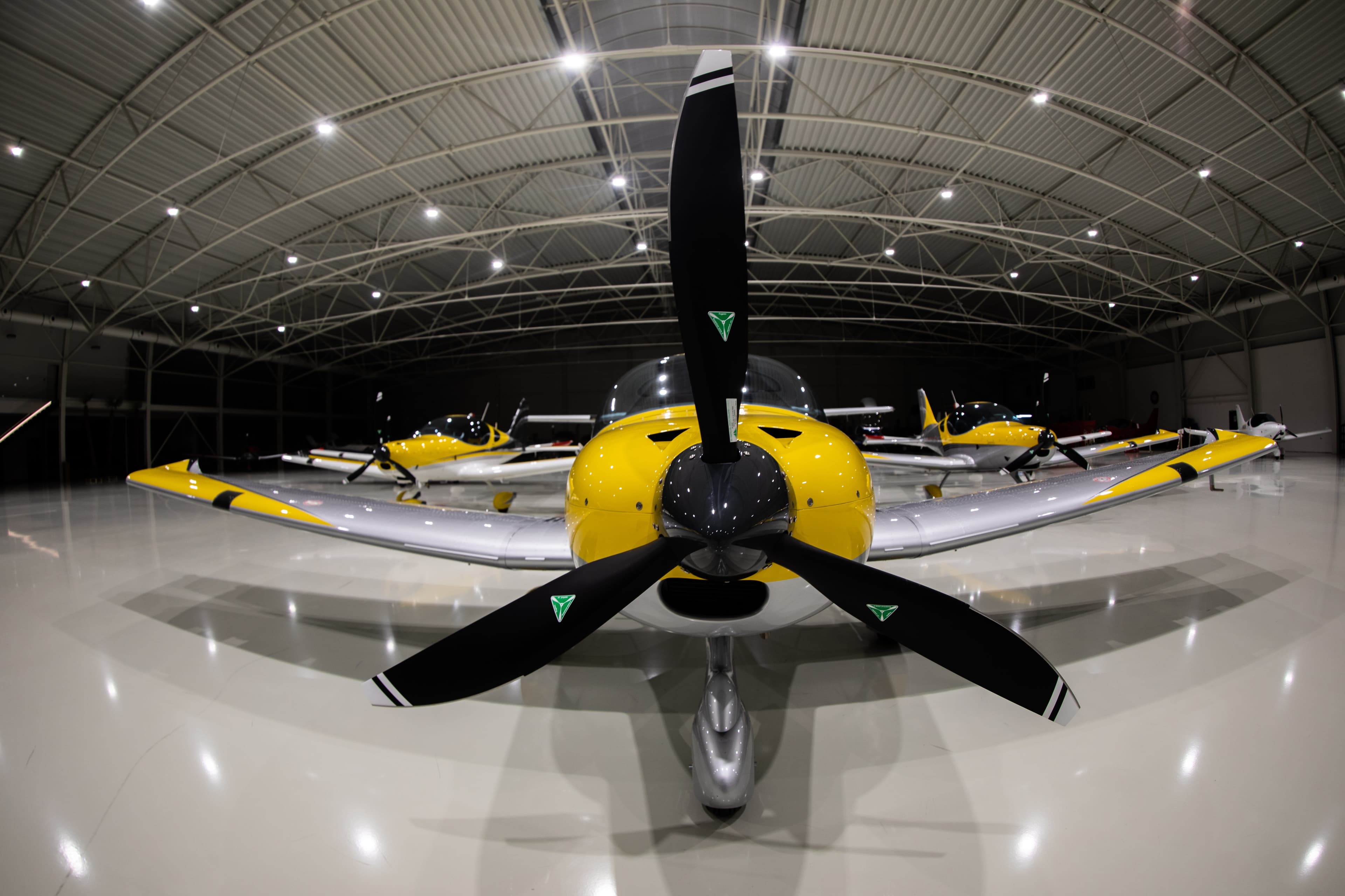 Bristell aircraft inside the Golden Wings Team hangar